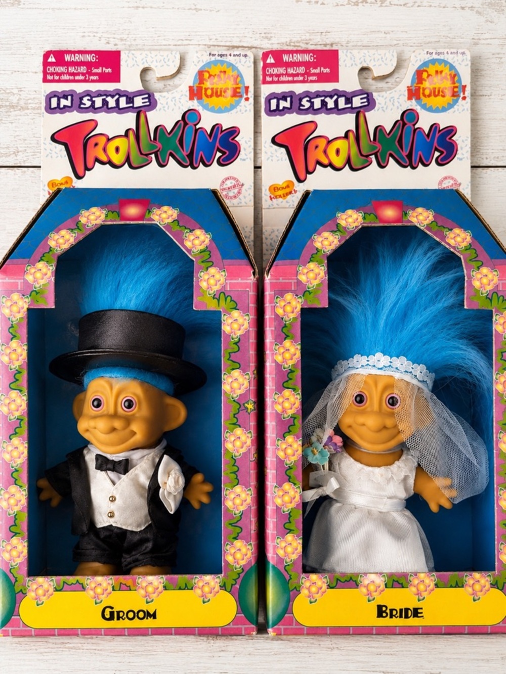 Vintage 1998 In Style Trollkins Bride & Groom 5” Wedding Dolls Original Boxes